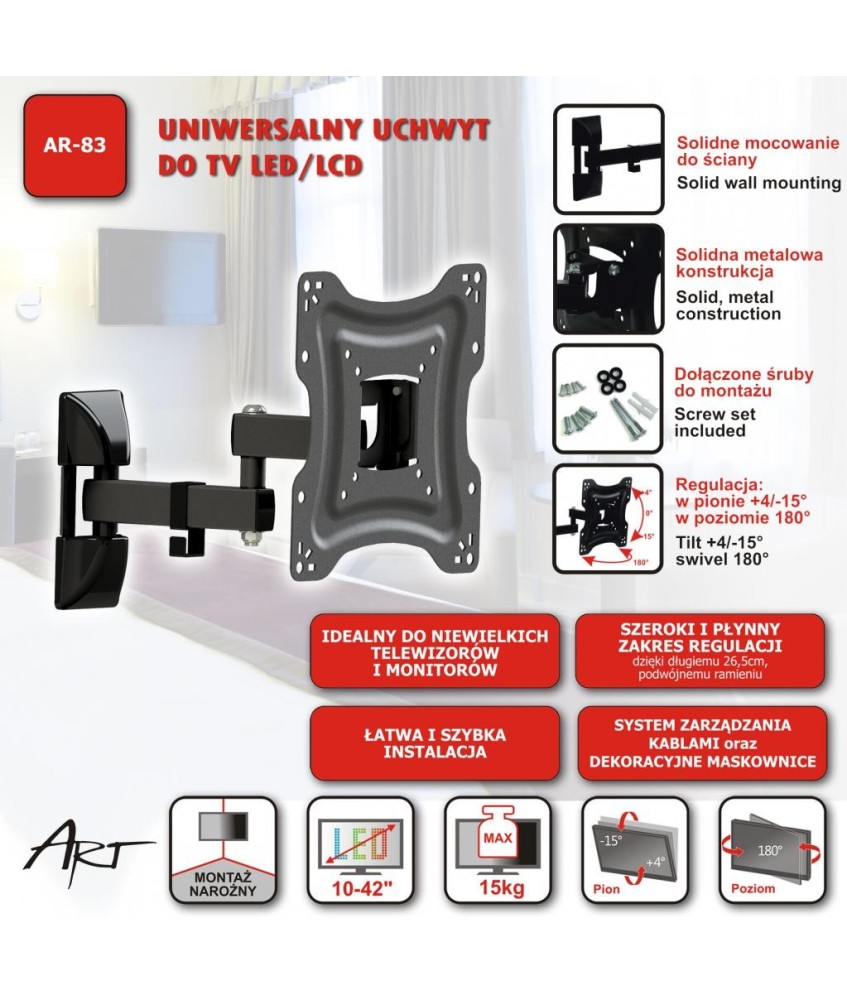 UCHWYT DO TV LCD/LED 10-42" 15KG AR-83 ART reg.pion/poziom 26,5cm