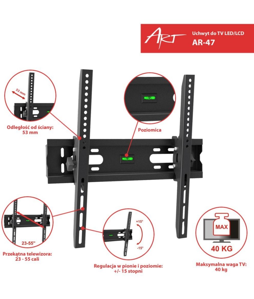 UCHWYT DO TV LCD/LED 23-55" 40KG AR-47 ART reg. w pionie