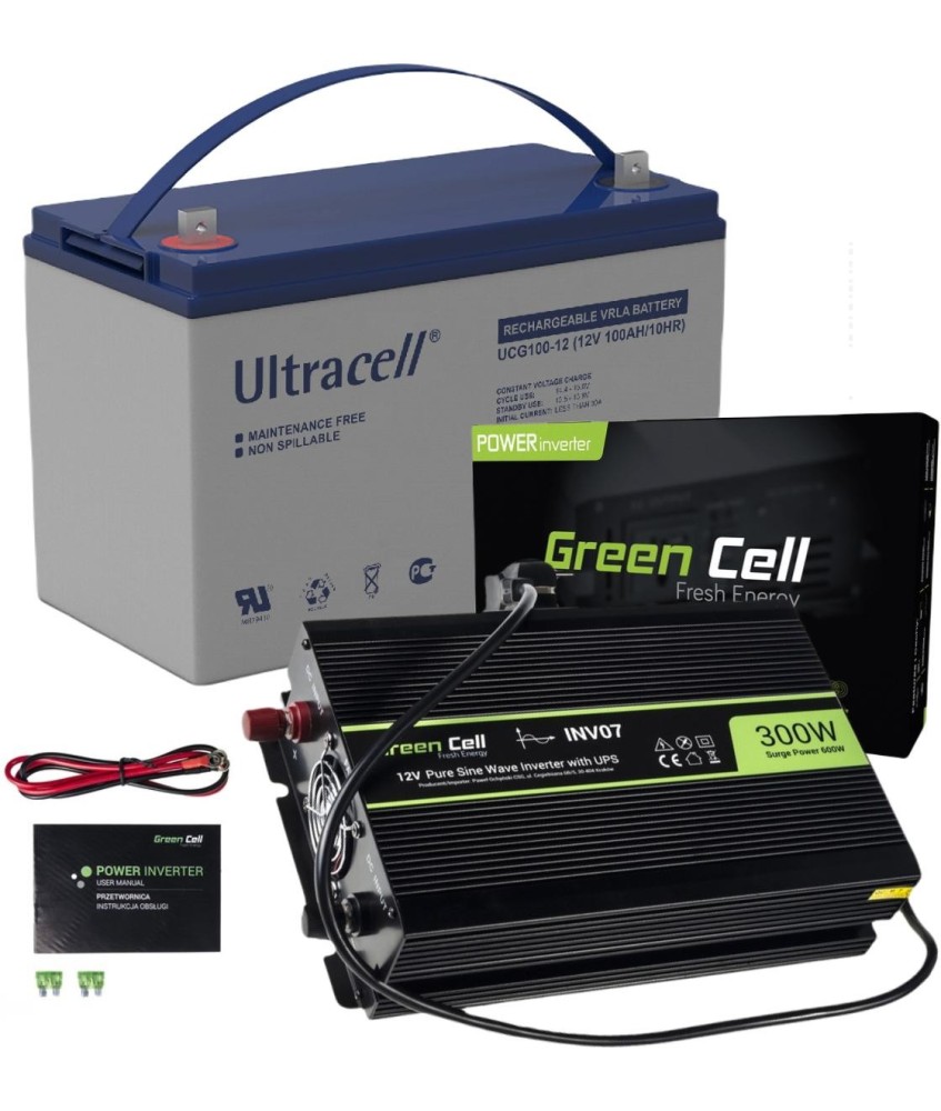 ZESTAW PRZETWORNICA Green Cell 12V- 230V 300W/600W CZYSTY SINUS + AKUMULATOR AGM ULTRACELL 12V 100Ah