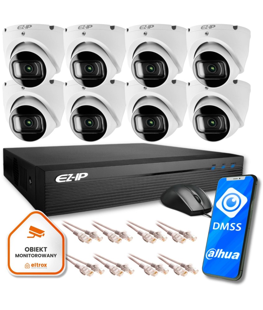 Zestaw monitoringu IP 8 kamer FullHD podstawowa kontrola EZ-IP by Dahua