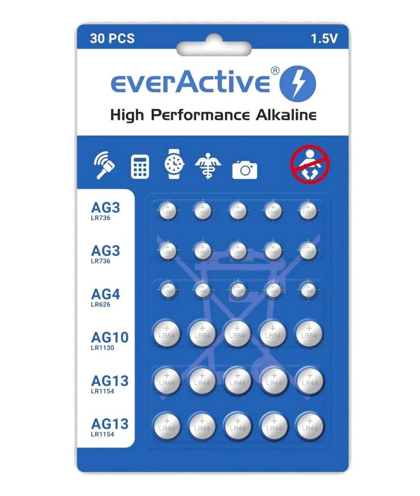 Zestaw 30 baterii 1,5V 10x AG3 / LR41 5x AG4 / LR626 5x AG10 / LR1130 10x AG13 / LR1154 everActive