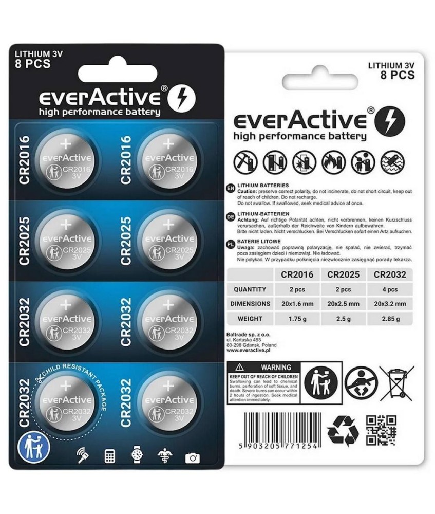 Zestaw 8 baterii 3,0V 4x CR2032 2x CR2025 2x CR2016 everActive