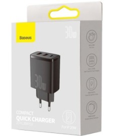 ŁADOWARKA SIECIOWA Baseus Compact Quick Charger CCXJ-E01 30W 2x USB-A 1x USB-C PD 3.0 QC 3.0 CZARNA