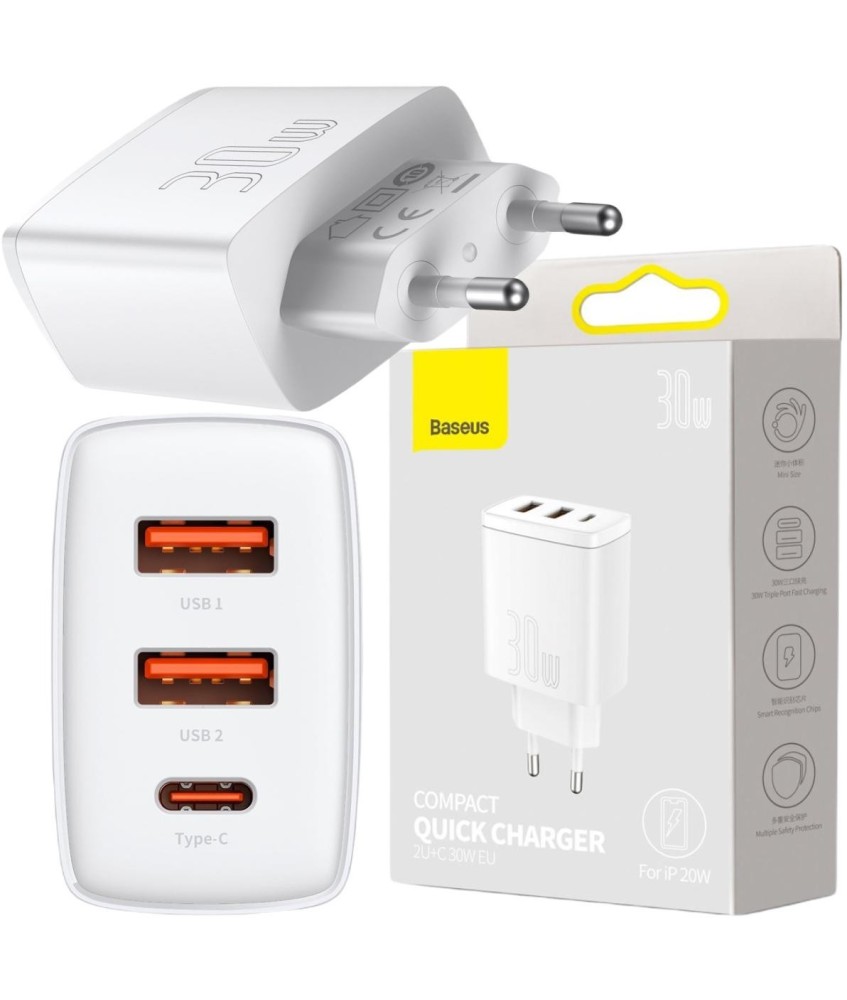 ŁADOWARKA SIECIOWA Baseus Compact Quick Charger CCXJ-E02 30W 2x USB-A 1x USB-C PD 3.0 QC 3.0 BIAŁA