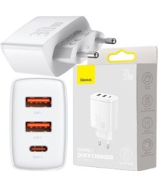 ŁADOWARKA SIECIOWA Baseus Compact Quick Charger CCXJ-E02 30W 2x USB-A 1x USB-C PD 3.0 QC 3.0 BIAŁA