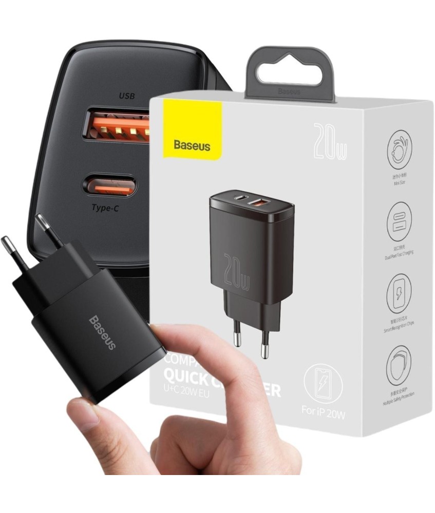 ŁADOWARKA SIECIOWA Baseus Compact Quick Charger CCXJ-B01 20W 1x USB-A 1x USB-C PD 3.0 QC 3.0 CZARNA