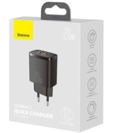 ŁADOWARKA SIECIOWA Baseus Compact Quick Charger CCXJ-B01 20W 1x USB-A 1x USB-C PD 3.0 QC 3.0 CZARNA