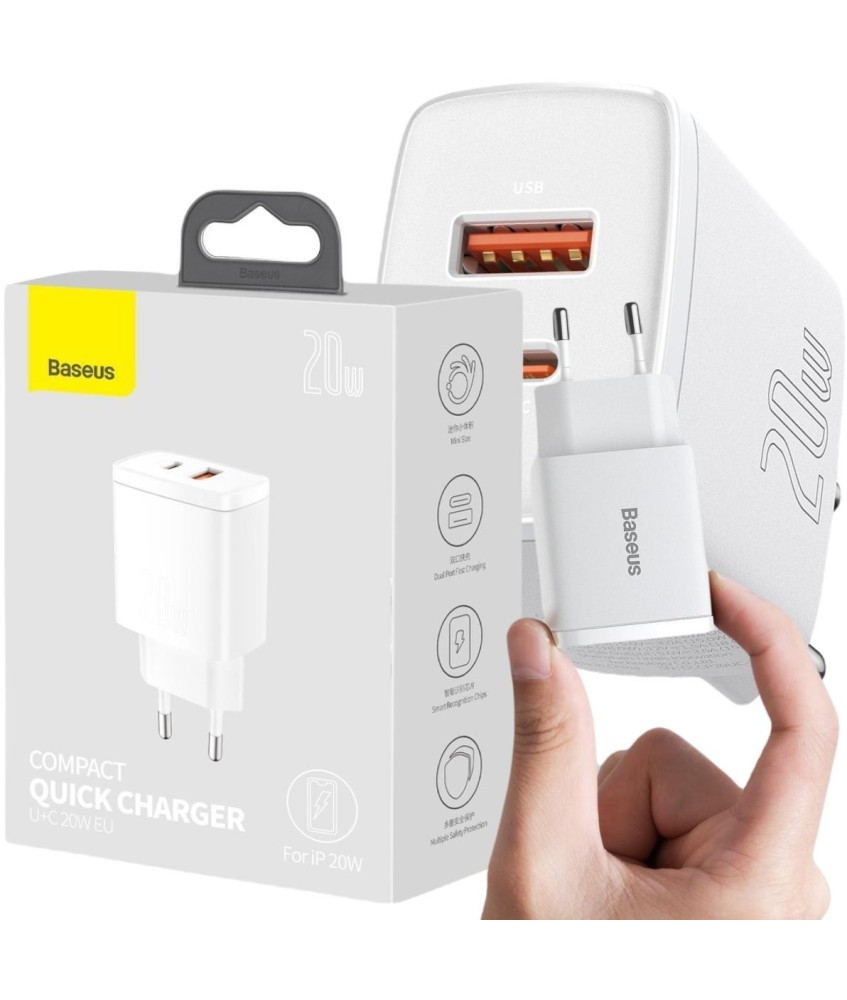 ŁADOWARKA SIECIOWA Baseus Compact Quick Charger CCXJ-B02 20W 1x USB-A 1x USB-C PD 3.0 QC 3.0 BIAŁA