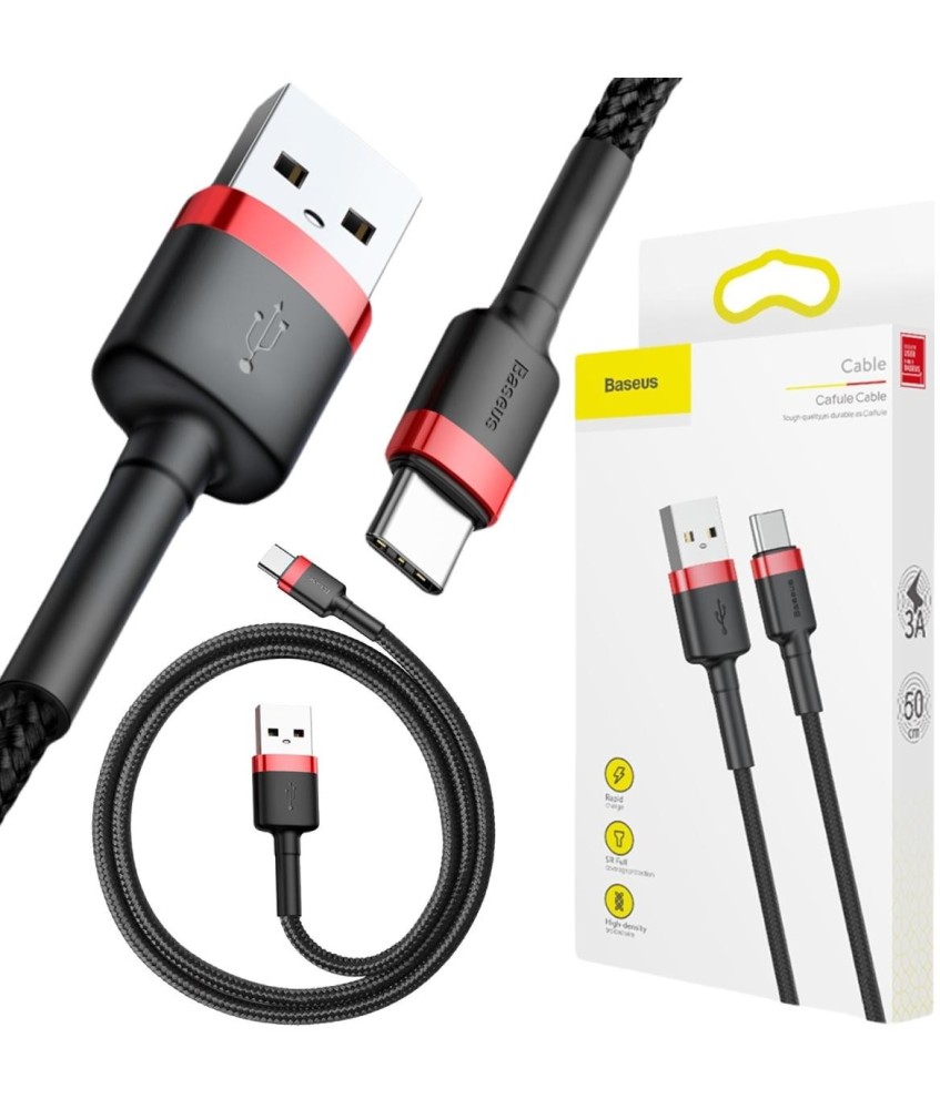 KABEL USB-A -  USB-C Baseus Cafule CATKLF-A91 50cm 3A QC 3.0 CZARNO-CZERWONY W OPLOCIE