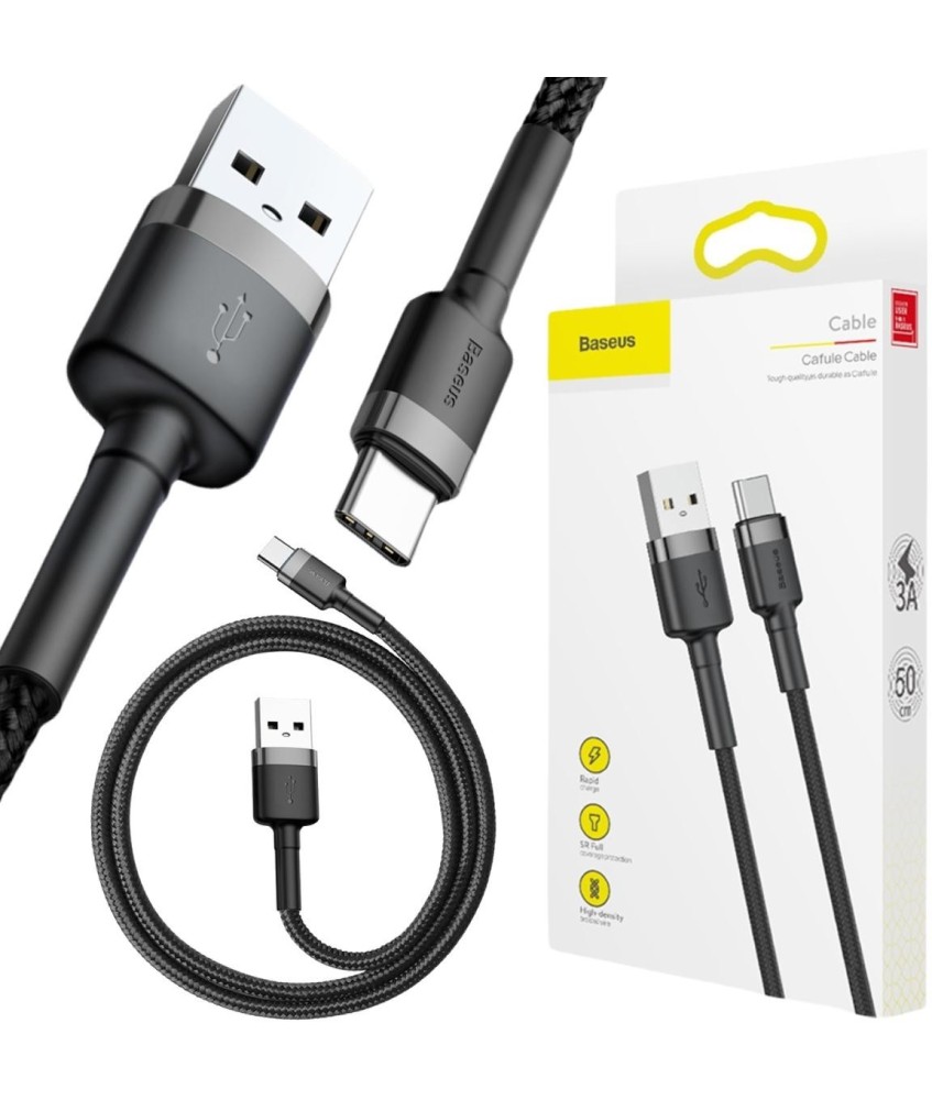 KABEL USB-A -  USB-C Baseus Cafule CATKLF-AG1 50cm 3A QC 3.0 CZARNO-SZARY W NYLONOWYM OPLOCIE