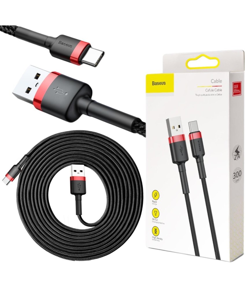 KABEL USB-A -  USB-C Baseus Cafule CATKLF-U91 300cm 2A QC 3.0 CZARNO-CZERWONY W OPLOCIE