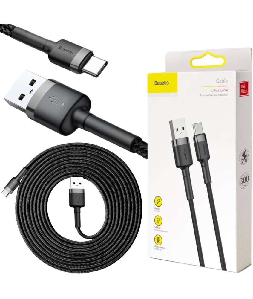 KABEL USB-A -  USB-C Baseus Cafule CATKLF-UG1 300cm 3A QC 3.0 CZARNO-SZARY W NYLONOWYM OPLOCIE