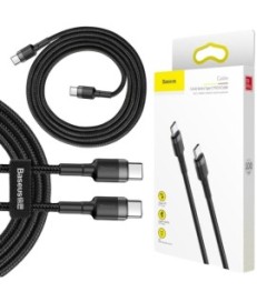 KABEL USB-C -  USB-C Baseus Cafule CATKLF-GG1 100cm 60W 3A PD 2.0 QC 3.0 CZARNO-SZARY W OPLOCIE