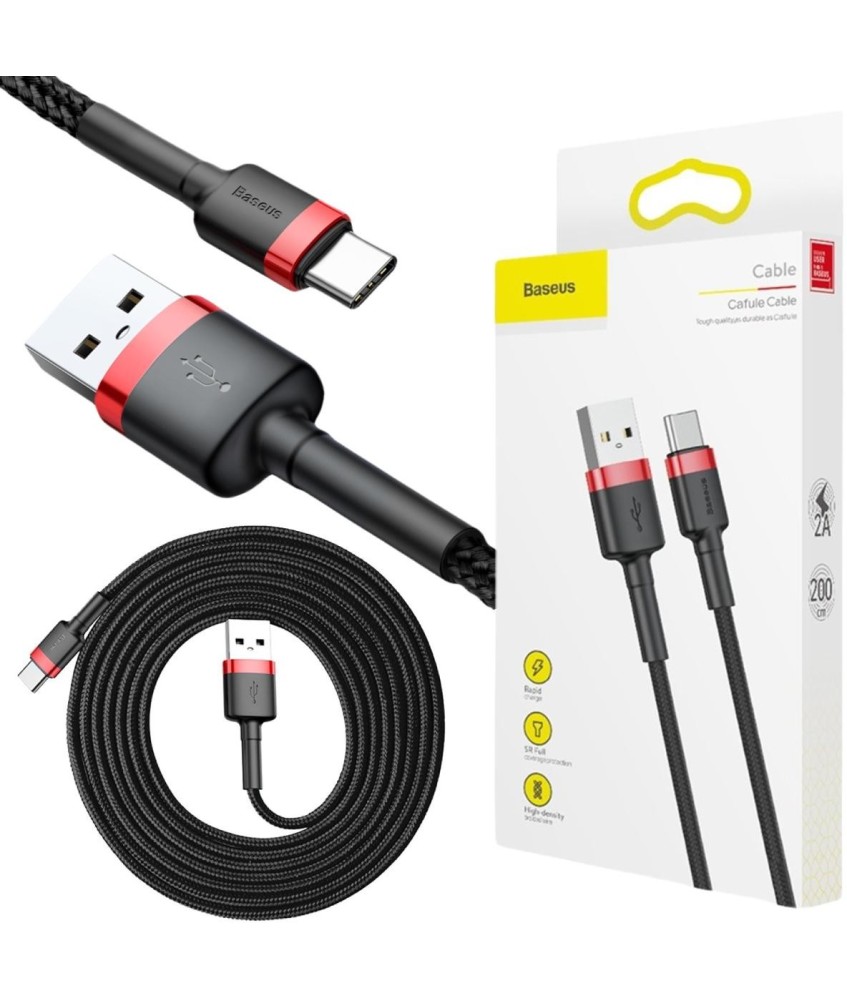 KABEL USB-A -  USB-C Baseus Cafule CATKLF-C91 200cm 2A QC 3.0 CZARNO-CZERWONY W OPLOCIE