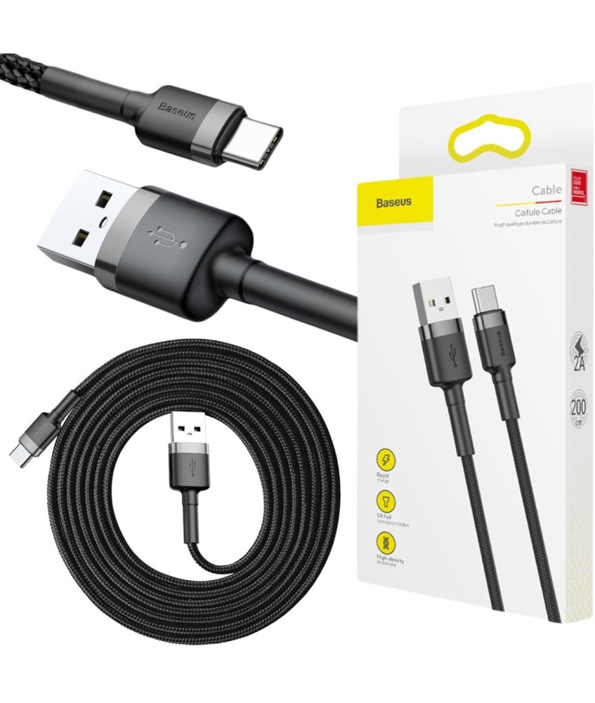 KABEL USB-A -  USB-C Baseus Cafule CATKLF-CG1 200cm 2A QC 3.0 CZARNO-SZARY W NYLONOWYM OPLOCIE