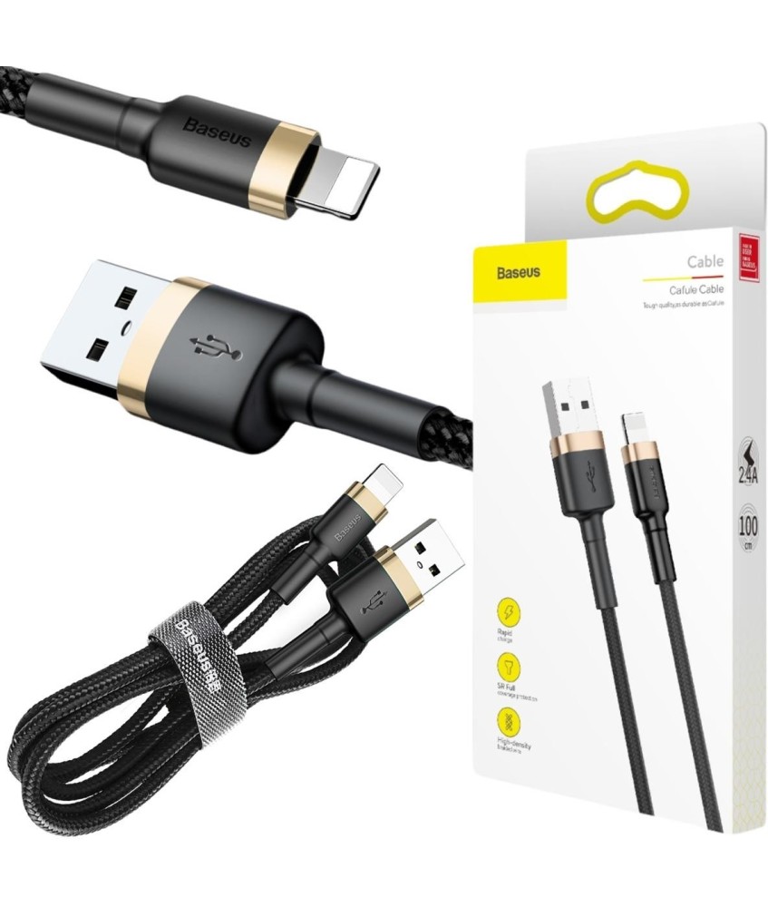 KABEL USB-A -  Lightning / iPhone Baseus Cafule CALKLF-BV1 100cm Apple 2.4A CZARNO-ZŁOTY W OPLOCIE