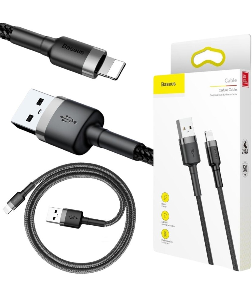 KABEL USB-A -  Lightning / iPhone Baseus Cafule CALKLF-AG1 50cm Apple 2.4A CZARNO-SZARY W OPLOCIE